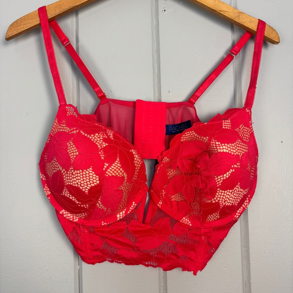 Rachel Roy Lace‎ Plunge Underwire Floral Longline Red Bra Size 38C
